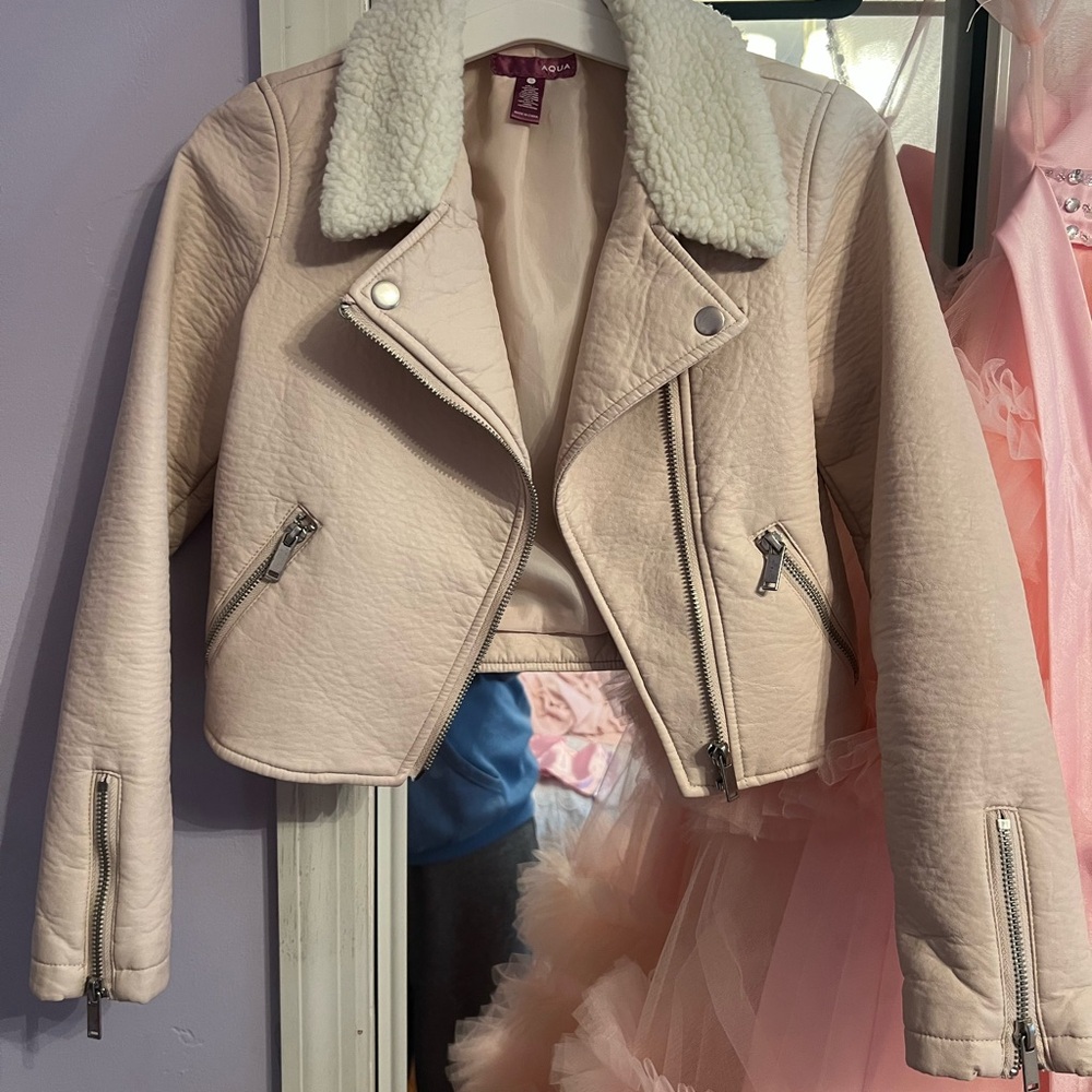 Pink Faux Leather Kids Jacket with Shearling Collar